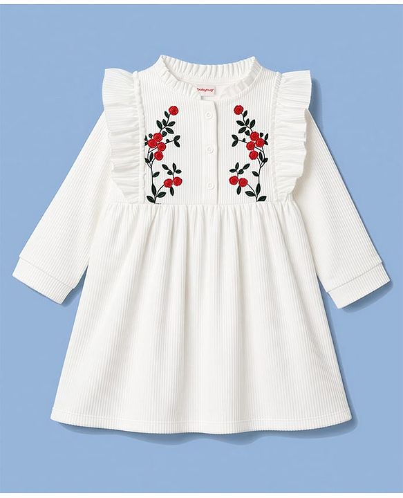 Babyhug Corduroy Woven Full Sleeves Frill Detailing Frock With Floral Embroidery - White