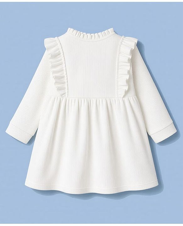 Babyhug Corduroy Woven Full Sleeves Frill Detailing Frock With Floral Embroidery - White
