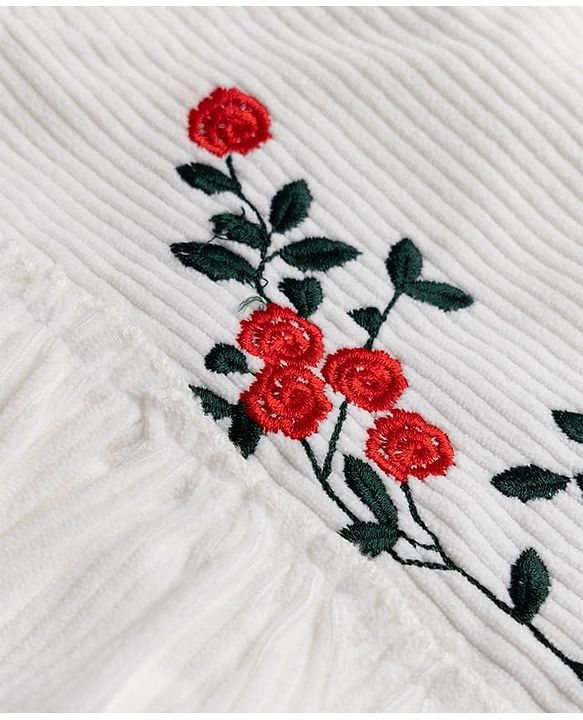 Babyhug Corduroy Woven Full Sleeves Frill Detailing Frock With Floral Embroidery - White