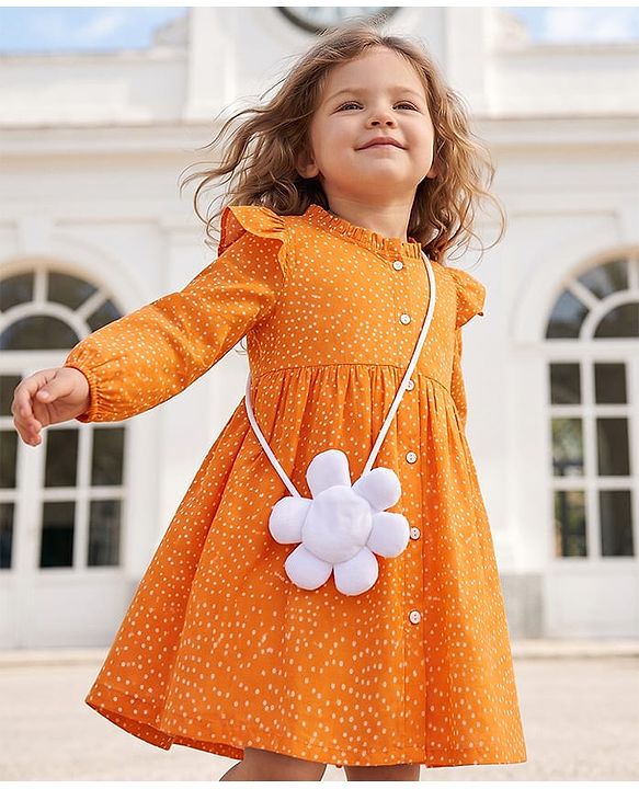 Babyhug Rayon Woven Full Sleeves Polka Dot Printed Dress - Orange