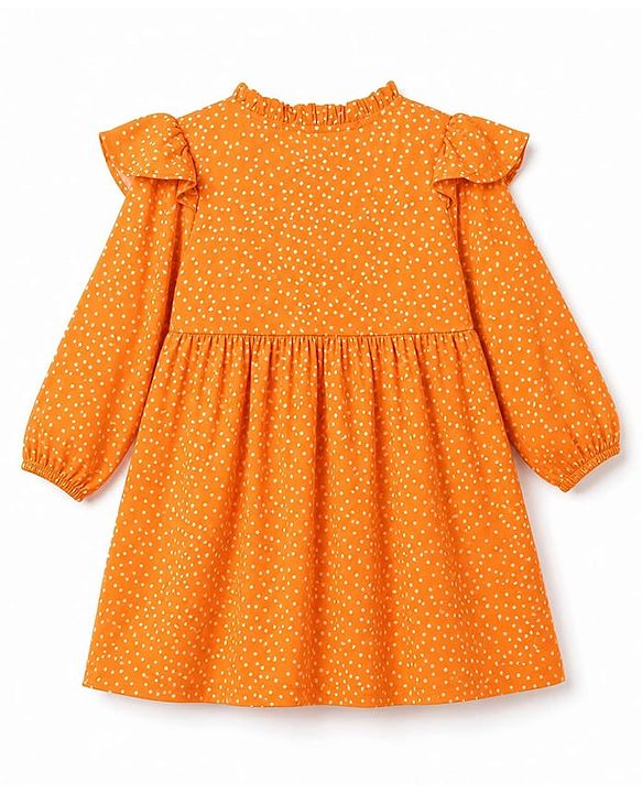 Babyhug Rayon Woven Full Sleeves Polka Dot Printed Dress - Orange