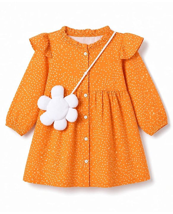 Babyhug Rayon Woven Full Sleeves Polka Dot Printed Dress - Orange