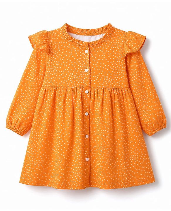 Babyhug Rayon Woven Full Sleeves Polka Dot Printed Dress - Orange