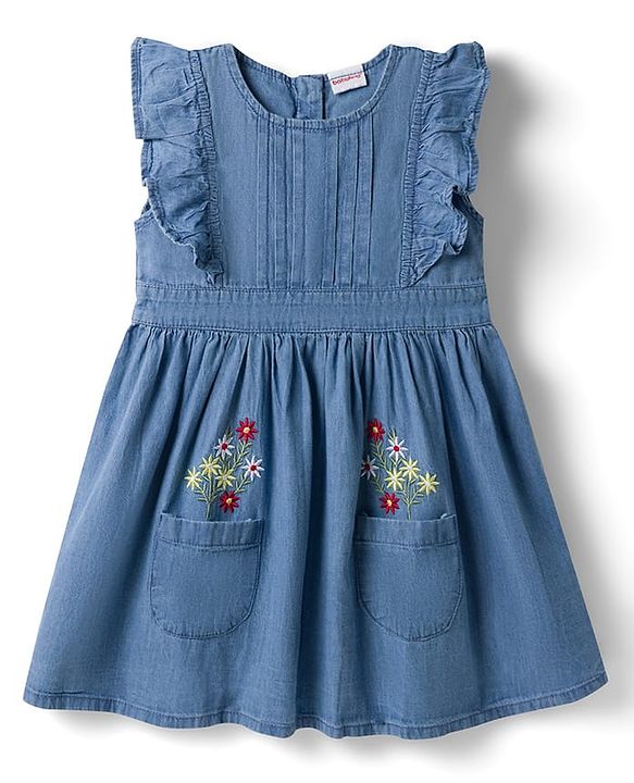 Babyhug Denim Woven Sleeveless Floral Embroidered Frock - Blue