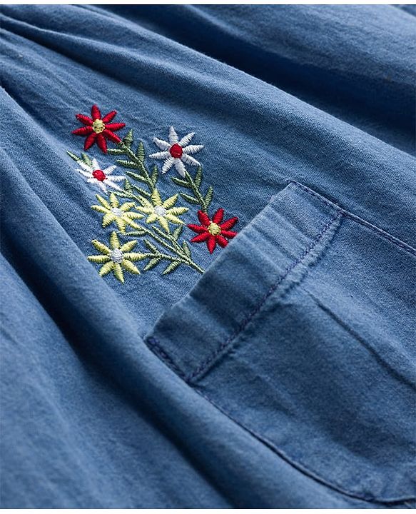 Babyhug Denim Woven Sleeveless Floral Embroidered Frock - Blue