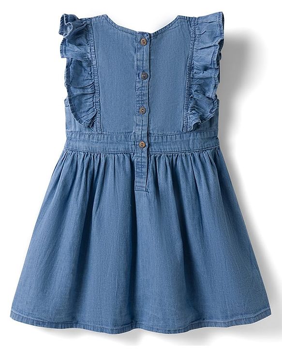 Babyhug Denim Woven Sleeveless Floral Embroidered Frock - Blue