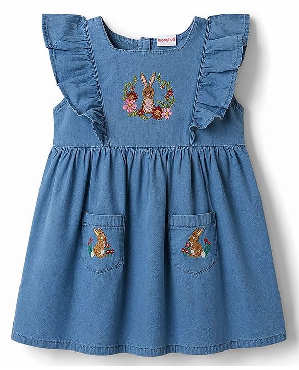 Babyhug Denim Woven Frill Sleeves Floral & Bunny Embroidered Frock - Blue