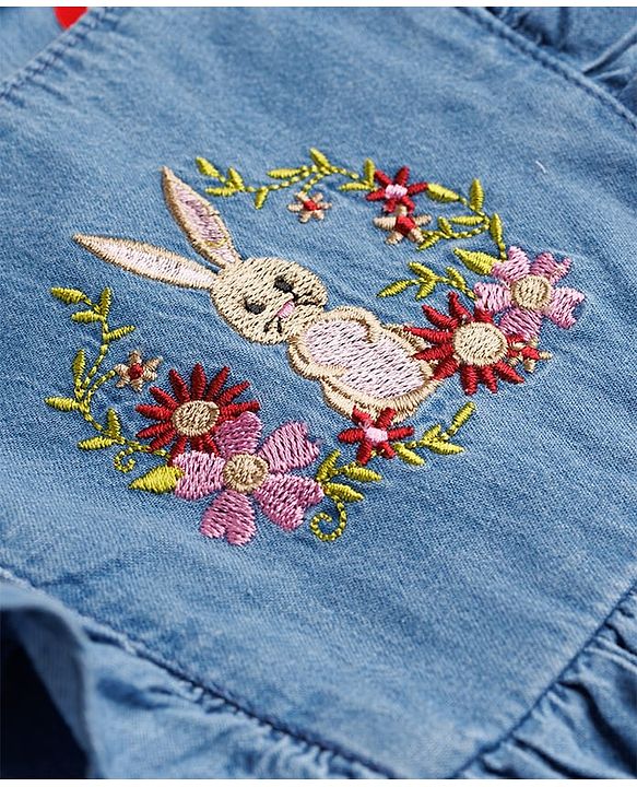 Babyhug Denim Woven Frill Sleeves Floral & Bunny Embroidered Frock - Blue