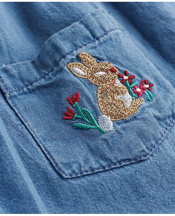 Babyhug Denim Woven Frill Sleeves Floral & Bunny Embroidered Frock - Blue