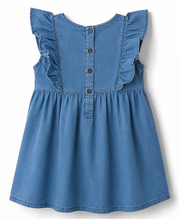 Babyhug Denim Woven Frill Sleeves Floral & Bunny Embroidered Frock - Blue