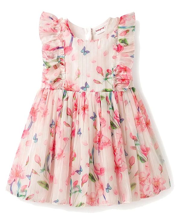 Babyhug Chiffon Woven Frill Sleeves Frock With Floral Print - OffWhite