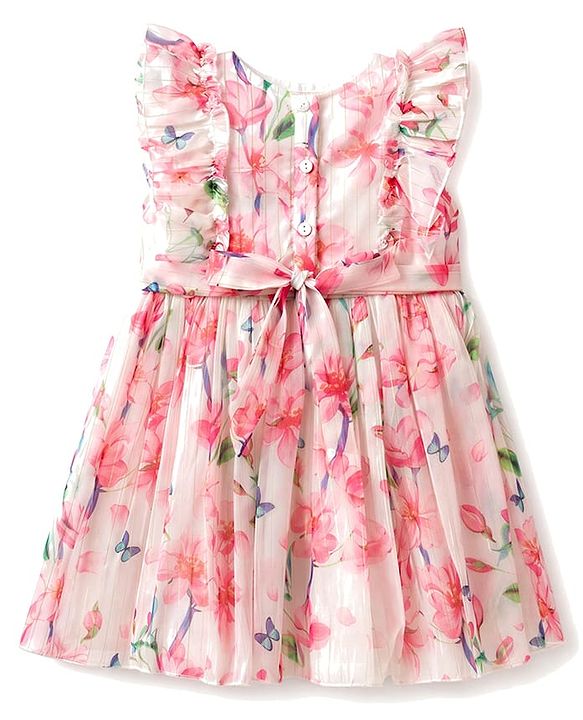 Babyhug Chiffon Woven Frill Sleeves Frock With Floral Print - OffWhite