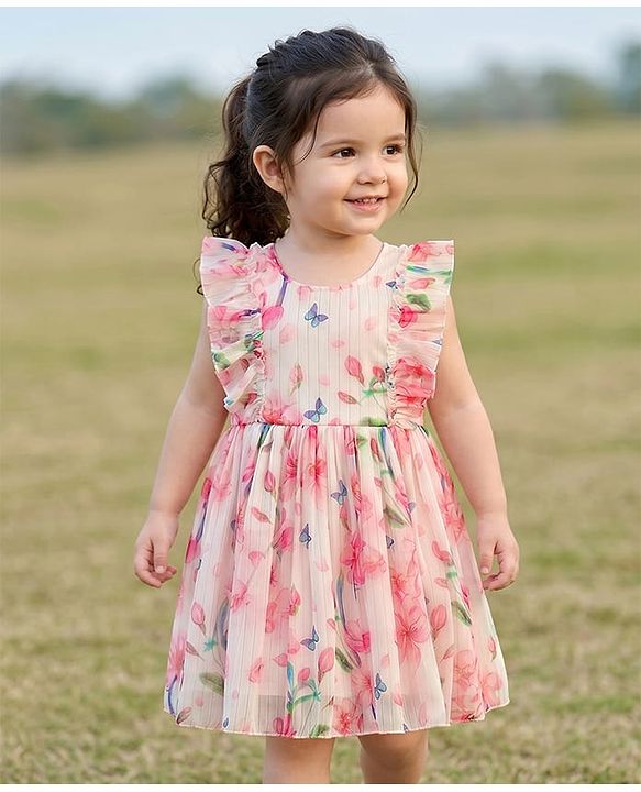 Babyhug Chiffon Woven Frill Sleeves Frock With Floral Print - OffWhite