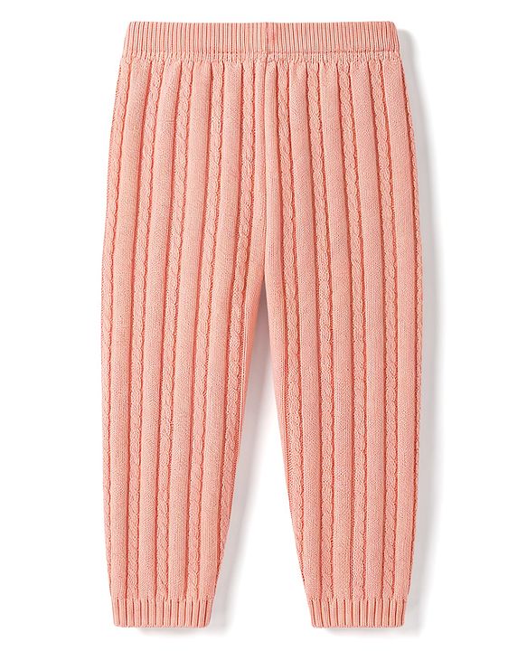Babyhug Knit Full Length Solid Colour Cable Knit Designed Woolen Lounge Pant - Pink