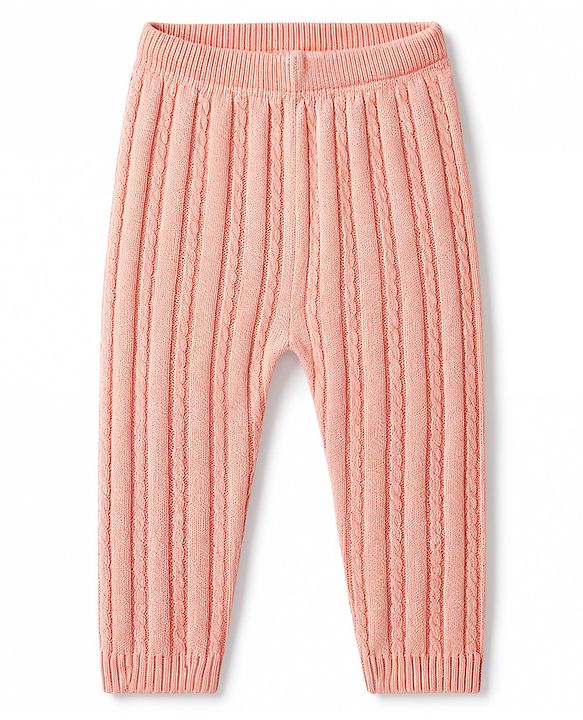 Babyhug Knit Full Length Solid Colour Cable Knit Designed Woolen Lounge Pant - Pink
