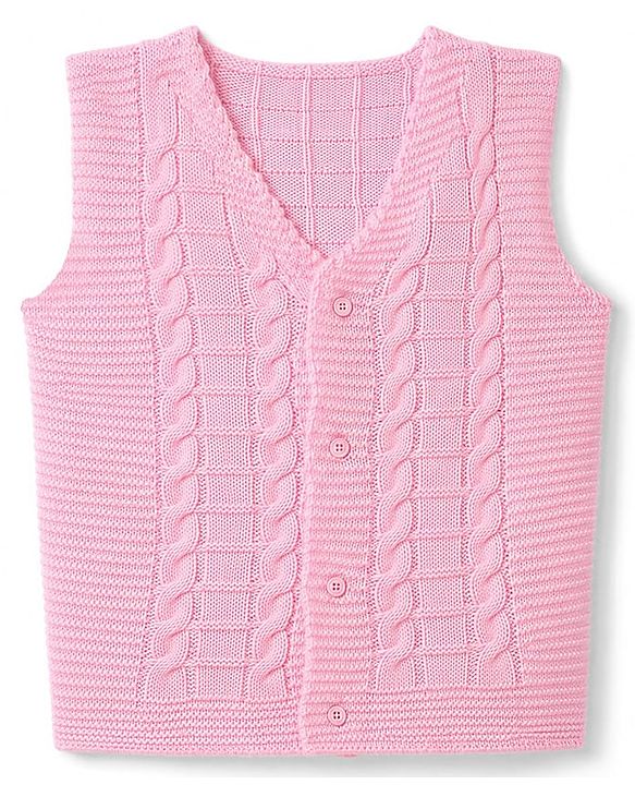 Babyhug Knit Sleeveless Front Open Sweater With Cable Knit Design - Pink