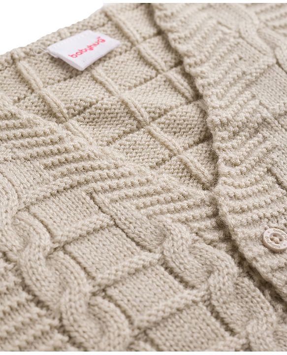 Babyhug Knit Sleeveless Front Open Solid Colour Sweater with Cable Knit Design - Beige