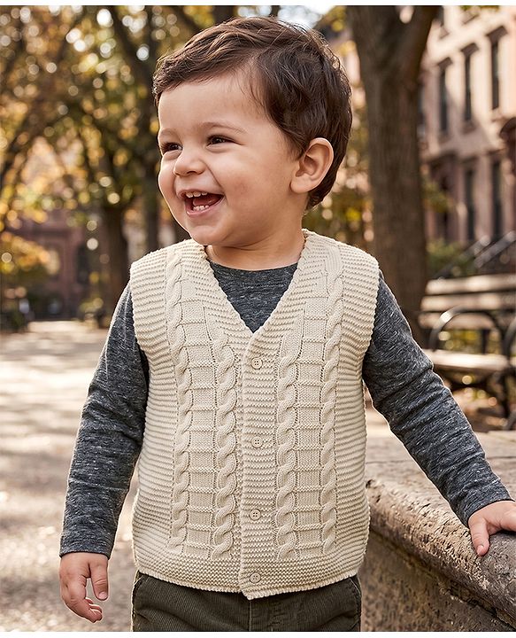 Babyhug Knit Sleeveless Front Open Solid Colour Sweater with Cable Knit Design - Beige