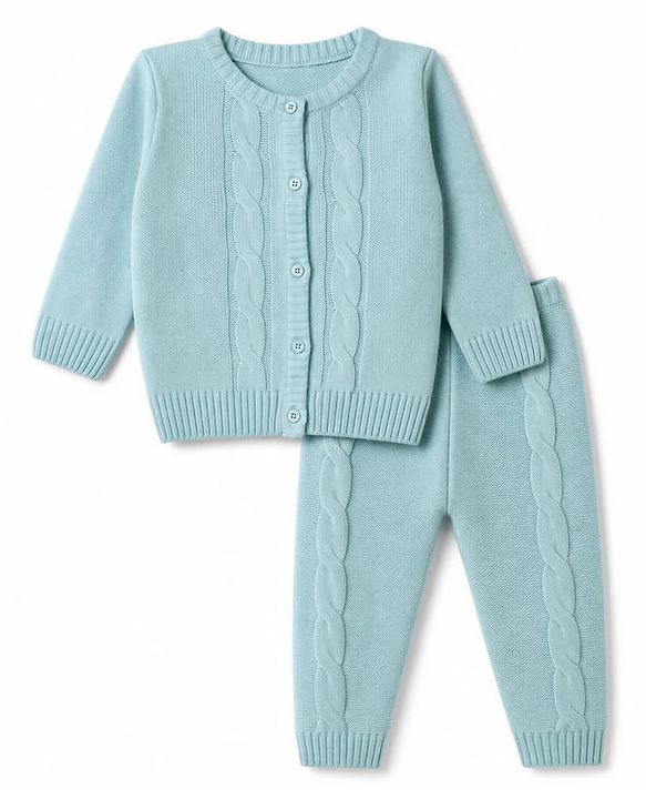 Babyhug Knit Full Sleeves Front Open Sweater Set With Cable Knit Design - Light Blue
