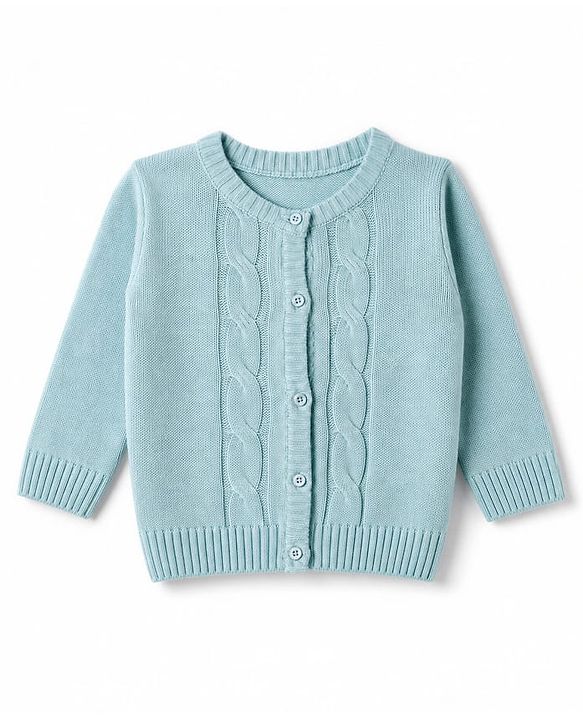 Babyhug Knit Full Sleeves Front Open Sweater Set With Cable Knit Design - Light Blue