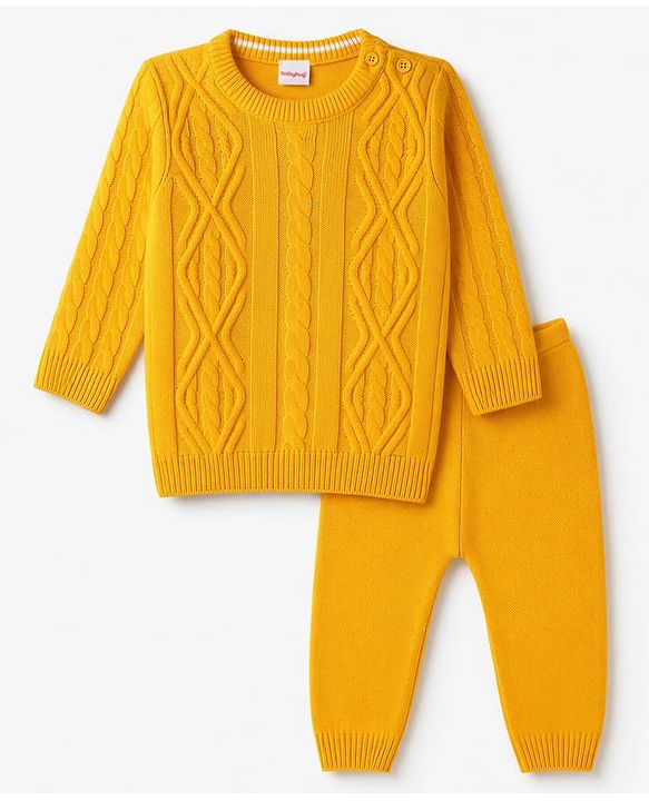 Babyhug Knit Full Sleeves Solid Sweater Set - Yellow