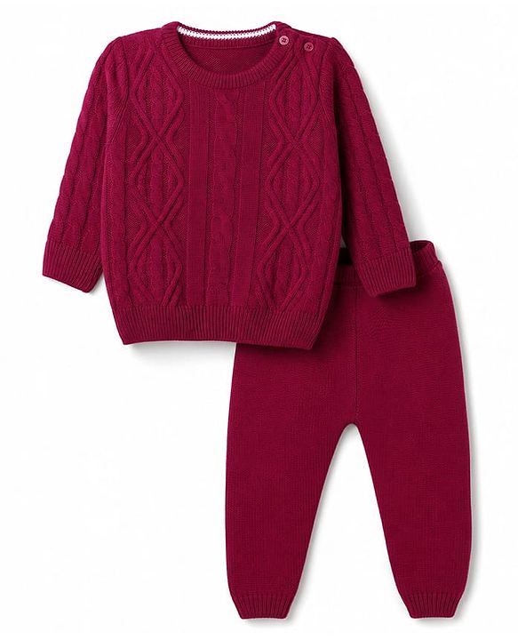 Babyhug Knit Full Sleeves Sweater Set With Cable Knit Design - Dark Pink