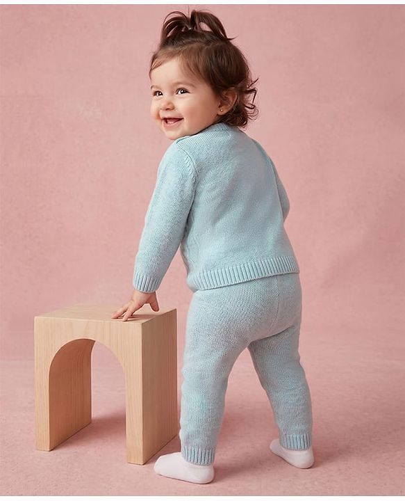 Babyhug Knit Full Sleeves Sweater Set with Cable Knit Design - Light Blue