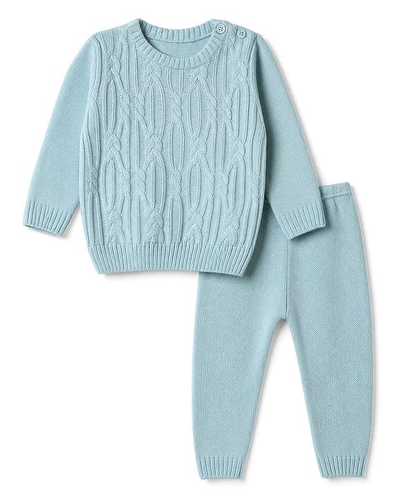 Babyhug Knit Full Sleeves Sweater Set with Cable Knit Design - Light Blue