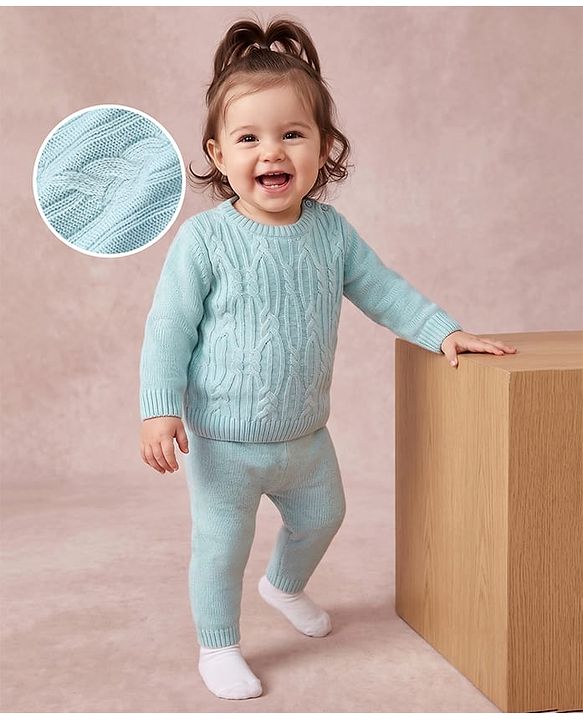Babyhug Knit Full Sleeves Sweater Set with Cable Knit Design - Light Blue