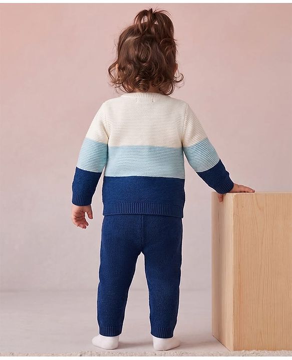 Babyhug Knit Full Sleeves Striped Sweater Set - Blue & White