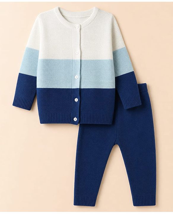 Babyhug Knit Full Sleeves Striped Sweater Set - Blue & White