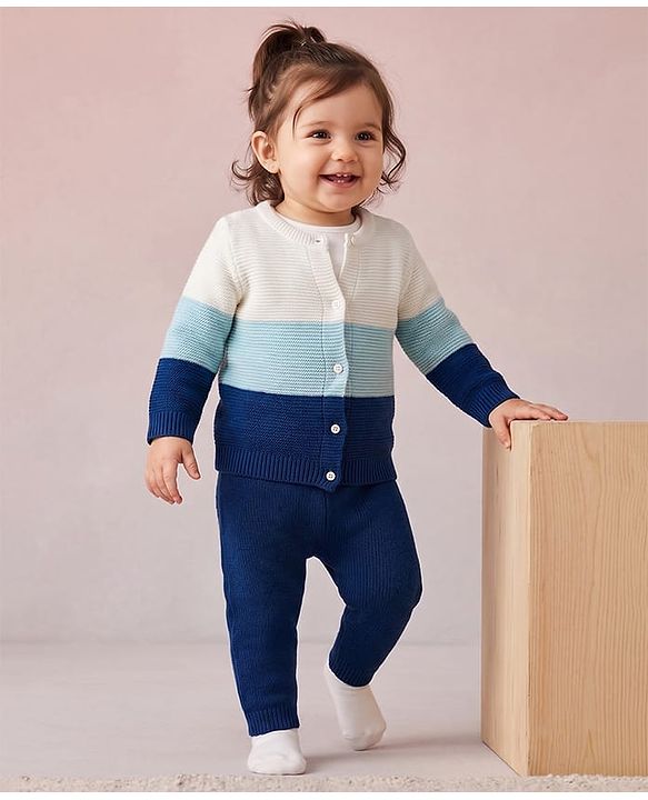 Babyhug Knit Full Sleeves Striped Sweater Set - Blue & White