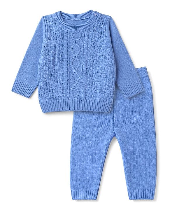 Babyhug Knit Sweater Sets with Full Sleeves and Cable Knit Design - Light Blue