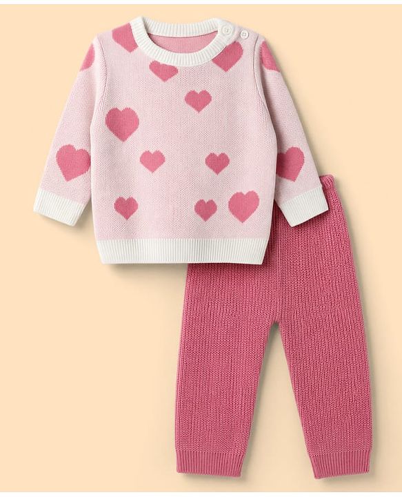 Babyhug Knit Full Sleeves Sweater Set With Hearts Design - Pink & White