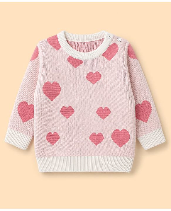 Babyhug Knit Full Sleeves Sweater Set With Hearts Design - Pink & White