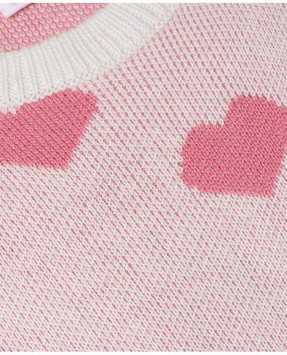 Babyhug Knit Full Sleeves Sweater Set With Hearts Design - Pink & White