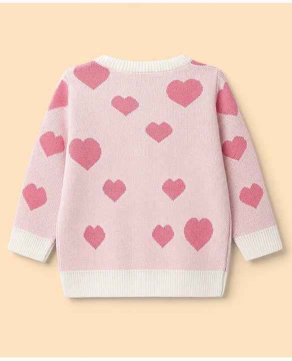 Babyhug Knit Full Sleeves Sweater Set With Hearts Design - Pink & White