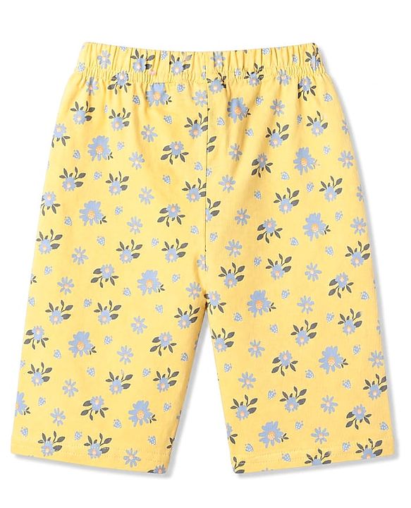 Babyhug 100% Cotton Knit Half Sleeves T-Shirt & Capri Night Suit Floral Print - Yellow