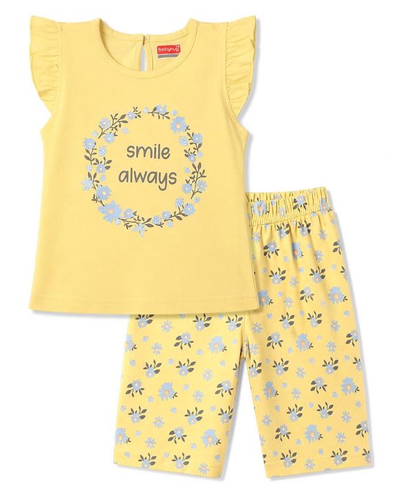 Babyhug 100% Cotton Knit Half Sleeves T-Shirt & Capri Night Suit Floral Print - Yellow