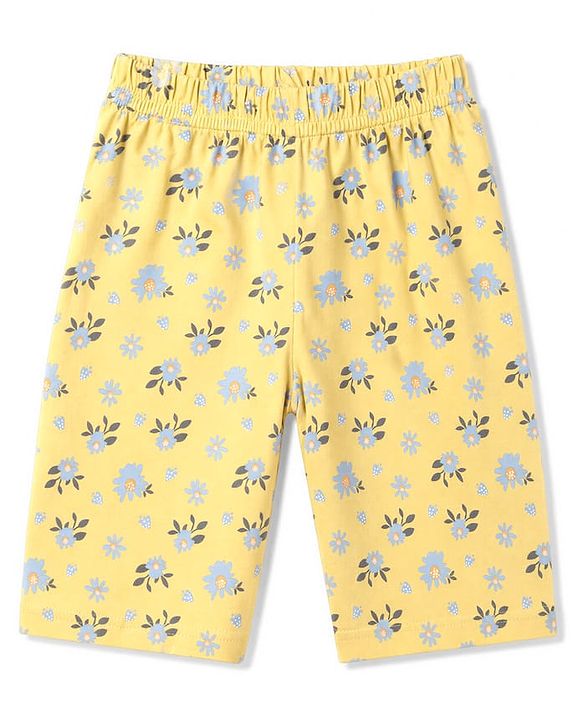 Babyhug 100% Cotton Knit Half Sleeves T-Shirt & Capri Night Suit Floral Print - Yellow