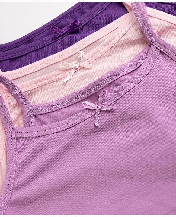 Pine Kids Cotton Lycra Knit Sleeveless Slips with Bow Applique Pack of 3 - Purple & Blue