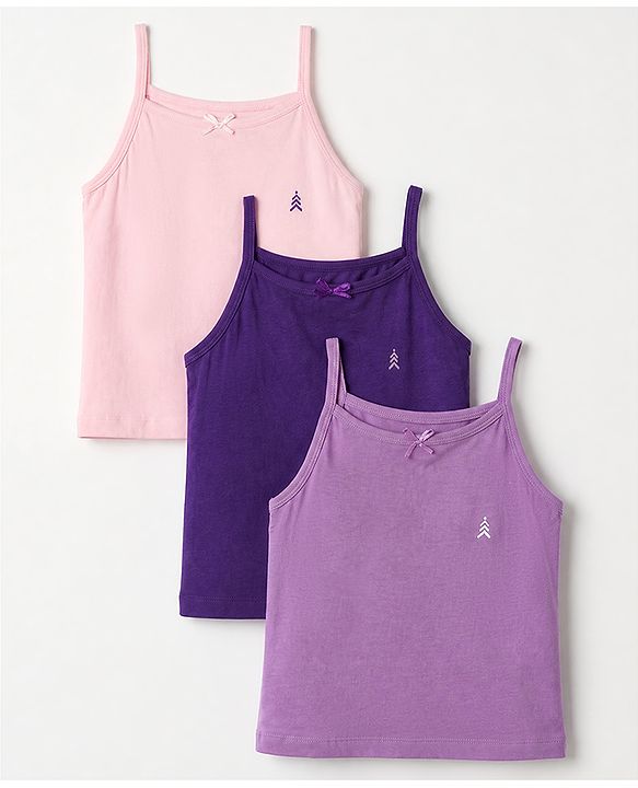 Pine Kids Cotton Lycra Knit Sleeveless Slips with Bow Applique Pack of 3 - Purple & Blue
