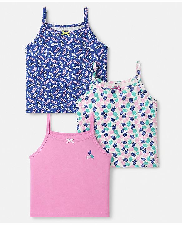 Pine Kids Cotton Lycra Knit Solid Slips With Floral Print Pack of 3 - Pink Neavy Blue