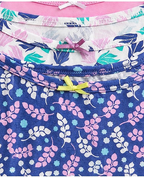 Pine Kids Cotton Lycra Knit Solid Slips With Floral Print Pack of 3 - Pink Neavy Blue