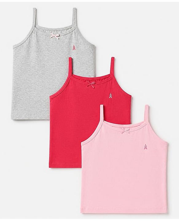 Pine Kids Cotton Lycra Knit Sleeveless Solid Slips Pack of 3 - Pink Red Grey