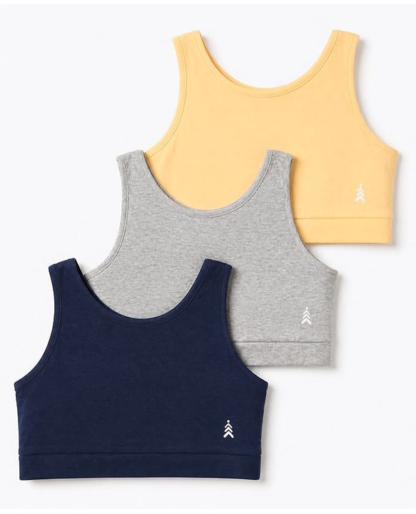 Pine Kids Cotton Lycra Knit Sleeveless Sports Bra with Brand Logo Print Assorted Pack of 3 - Yellow Grey & Blue