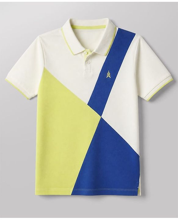 Pine Kids Cotton Knit Polo T-Shirt with Half Sleeves and Color Block Pattern in Off White