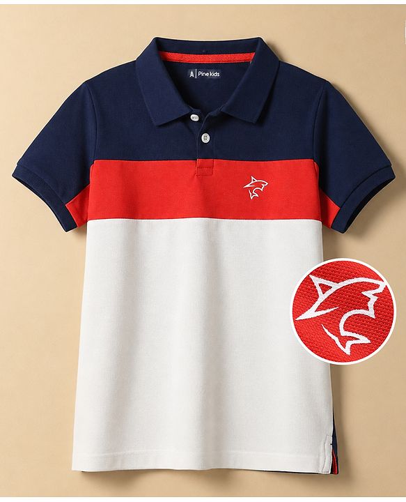 Pine Kids 100% Cotton Knit Half Sleeves Polo T-Shirts with Shark Embroidery Color Block - Navy Blue