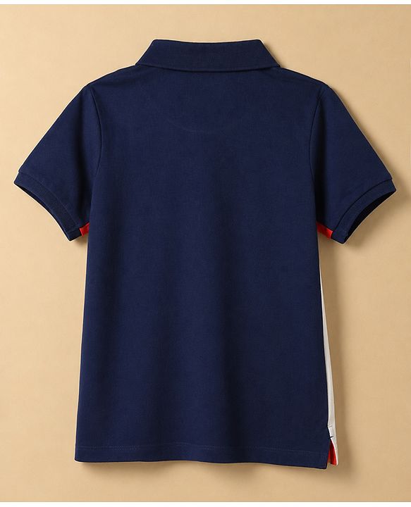 Pine Kids 100% Cotton Knit Half Sleeves Polo T-Shirts with Shark Embroidery Color Block - Navy Blue