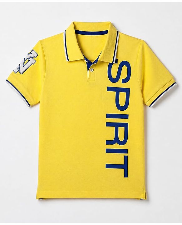 Pine Kids Cotton Knit Polo T-Shirts with Half Sleeves and Spirit Text Print in Yellow